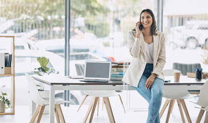 Aufkleber - Business woman, phone call or networking in management, corporate designer or professional startup goals. Happy smile, talking or worker mobile communication with technology of a young person
