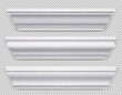 Realistic set of classic white baseboard molding png isolated on transparent background. Vector illustration of decorative skirting boards made of wood or gypsum for ceiling, floor and wall design