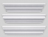 Fototapeta  - Realistic set of classic white baseboard molding png isolated on transparent background. Vector illustration of decorative skirting boards made of wood or gypsum for ceiling, floor and wall design