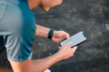 Canvas Print - Phone, screen and fitness of man, city and mockup for workout, exercise app or internet search on social media. Urban sports guy with smartphone, mobile typing or check wellness goals on digital tech