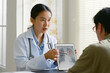 © Nattakorn - Young Asian woman doctor showing lung x-ray test results and describe to a senior patient in hospital. For cancer awareness month