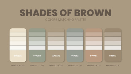 Color palette in Shades of brown colour theme collections. Color inspiration or colour chart with codes template. Color combination set of RGB. Colors swatch for graphic design, art, fashion, or web.