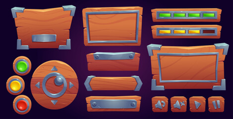 Poster - Set of wooden game ui board templates isolated on background. Vector cartoon illustration of old wood texture menu and settings windows, buttons, progress and volume bars. User interface elements
