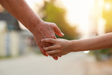 parent holds the hand of a small child