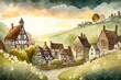 naive art watercolor of the quaint village  in the springtime  created by generative AI