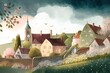naive art watercolor of the quaint village  in the springtime  created by generative AI