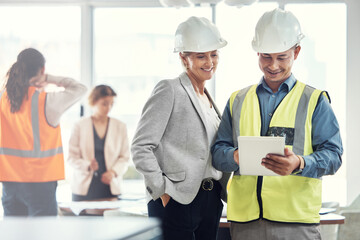 Man, woman and tablet in office for architecture analysis, construction teamwork or vision. Architect team, contractor or reading for property development, real estate or building project on app ux