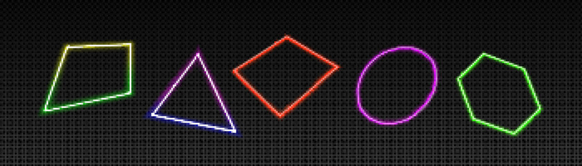 Poster - Set of neon light geometric figures glowing isolated on transparent background. Vector realistic illustration of colorful rectangle, circle, hexagon, triangle and rhombus laser frames. Design elements