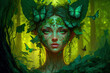 Beautiful young dryad goddess in forest. Dryad goddess merging with a magical forest. Post-processed generative AI	
