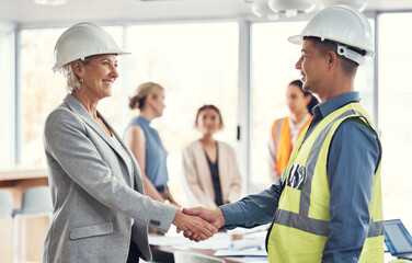 Poster - Collaboration, happy and engineering with handshake of people in office for architecture, b2b or contract. Partnership, meeting and shaking hands with employee for designer, construction or agreement