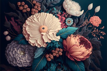 Dark floral background wallpaper design with multicolor flowers and leaves