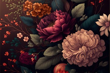 Dark floral background wallpaper design with multicolor flowers and leaves