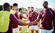 Man, sports and handshake for team greeting, introduction or sportsmanship on the grass field outdoors. Sport men shaking hands before match or game for competition, training or workout exercise