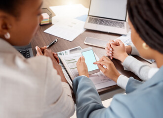 Poster - Meeting, phone and business people with mockup screen for mobile app, networking and internet research. Online, technology and hands on smartphone for marketing, advertising and branding space