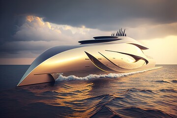 Wall Mural - A sleek and futuristic megayacht sailing on the open sea. Generative AI.