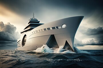 Wall Mural - A sleek and futuristic megayacht sailing on the open sea. Generative AI.