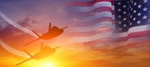 Group Of Aircraft Fighter Jet Airplane. USA Flag. Air Force Day. 3d Illustration