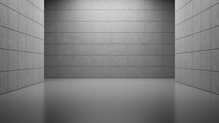 Abstract empty modern loft studio grey concrete plaster rough texture floor and wall hallway room industrial architecture interior products display  presentation space background. 3d rendering.