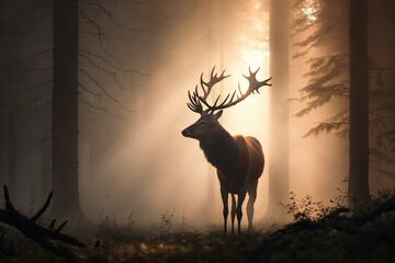 Wall Mural - Deer in dark forest, morning sun. Generative AI.