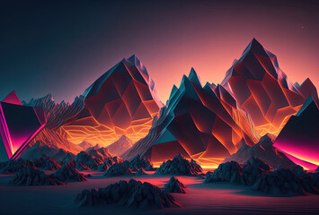 Wall Mural - A futuristic landscape, low-polygon mountains illuminated by neon light on a gradient background. Immersion in a surreal digital virtual cyber world. 3D rendering. AI generated.