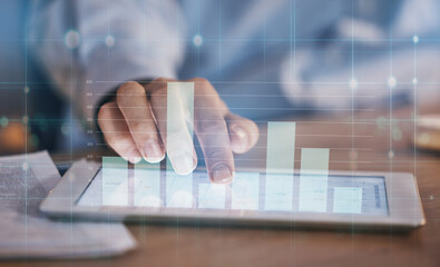 Aufkleber - Hands, chart overlay and night with tablet for financial goal, progress or market analysis in closeup. Man, 3d hologram or finance graph and business for growth, profit or data analytics on fintech