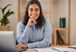© Gugu M/peopleimages.com - Happy, smile and portrait of Indian woman at desk for management, planning and business. Research, confidence and positive face of employee in office or professional startup company in India