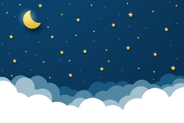night sky with stars and moon. paper art style. dreamy background with moon stars and clouds, abstra
