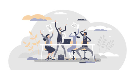 Wall Mural - HR Happy employees as cheerful friday mood in work office tiny person concept, transparent background. Successful business project, deal or profit with celebration joy illustration.