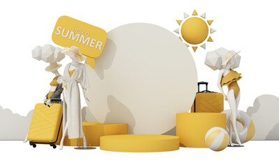 summer vacation concept with sunglasses and suitcase with clouds in the background along with mannequins, fashion clothes, swimwear with copy space banner product stand display. 3d rendering