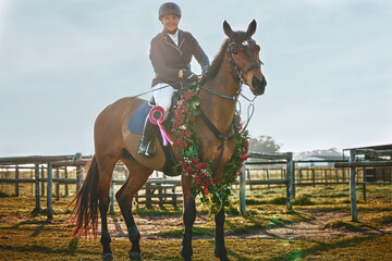 Poster - Woman, equestrian winner portrait and pet horse in green countryside and field. Animal, young jockey win an award at competition or show of a rider and athlete with outdoor with sports with horses