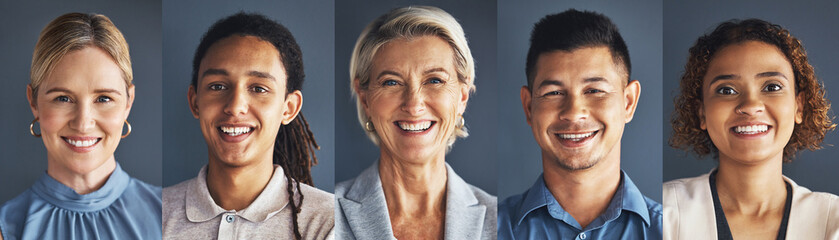 Wall Mural - Collage, portrait and face with business people and smile, professional group and headshot on studio background. Success, happy and diversity in corporate team, community and trust with collaboration