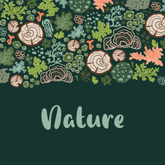 Forest mosses, lichen, stump botanical nature card. Green woodland plants border element. Botanical wood poster design. Hand drawn natural woodland organic banner. Cute garden vector illustration.
