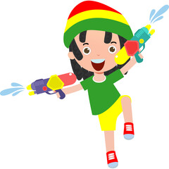 Songkran festival kids holding water gun and jumping enjoy splashing water in Songkran Thailand costume Traditional New Year's Day  Illustration isolated Png style 