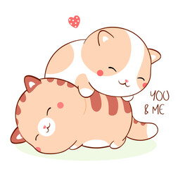 Sticker - Square Valentine card with two sleeping fat kitty kawaii style. Greeting card with two cute little cats and inscription You and me