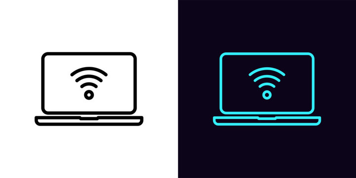 outline laptop icon, with editable stroke. laptop screen frame with wifi sign, internet connection p