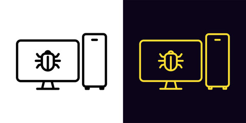 Poster - Outline pc malware icon, with editable stroke. System unit and monitor screen frame with bug sign, cyber security hack pictogram. Error debug, software bugs, virus attack.