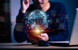 © teerawat - Businessman touching histogram the virtual earth global network connection and interface activated, globalization innovation technology and global business concept.