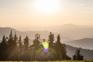 Poster - Rolling forest hills silhouettes with sunlight glares landscape photo. Beautiful nature scenery photography. Ambient light. High quality picture for wallpaper, travel blog, magazine, article