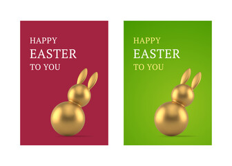 Poster - Happy Easter 3d greeting card set premium bunny golden bauble design template realistic vector
