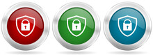 Shield With Padlock Vector Icon Set. Red, Blue And Green Silver Metallic Web Buttons With Chrome Border