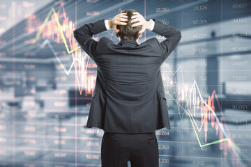 Aufkleber - Crisis and financial downturn concept with confused trader back view looking at falling down digital financial chart candlestick and diagram with stock market data indicators on virtual wall screen
