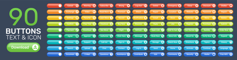 Leinwandbilder - Buttons collection with text and icons. Set of colorful button containing download, like, message, share, upload, subscribe, reply, read more, click here, send, open link, edit, account and much more.