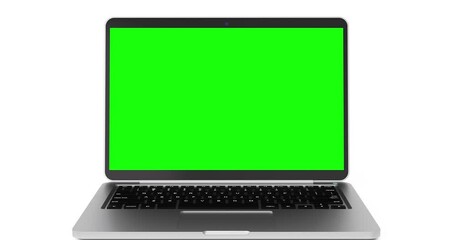 Poster - 4k Resolution Video:  Modern Laptop Mockup with Blank Green Screen Rotating on a white background with Alpha Matte