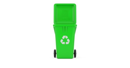 Poster - 4k Resolution Video: Recycle Sign Green Garbage Trash Bin Seamless Jumping and Rotating on a white background with Alpha Matte