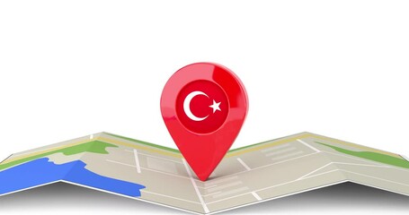 Leinwandbilder - 4k Resolution Video: Turkey Travel Concept. Cartoon Target Map Pointer Pin with Turkish Flag Rotating over Folded Abstract Navigation Map on a white background with Alpha Matte