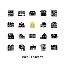 Home Exteriors Black Glyph Icons Set On White Space. Real Estate Agency. Buying Property. Detached House, Mansion. Silhouette Symbols. Solid Pictogram Pack. Vector Isolated Illustration