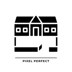 Sticker - Ranch house black glyph icon. Single story building. Architecture style. Home facade. Farmland. Real estate. Silhouette symbol on white space. Solid pictogram. Vector isolated illustration