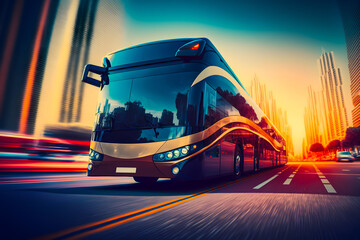 Stylish bus rushes along the road in the city with the effect of speed and movement at sunset. Generative AI