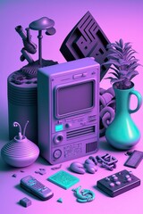 Arrangement of colorful vaporwave shapes with signs retro