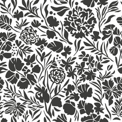 Wall Mural - Black and white floral pattern, seamless botany vector illustration. Abstract Leaves and flowers